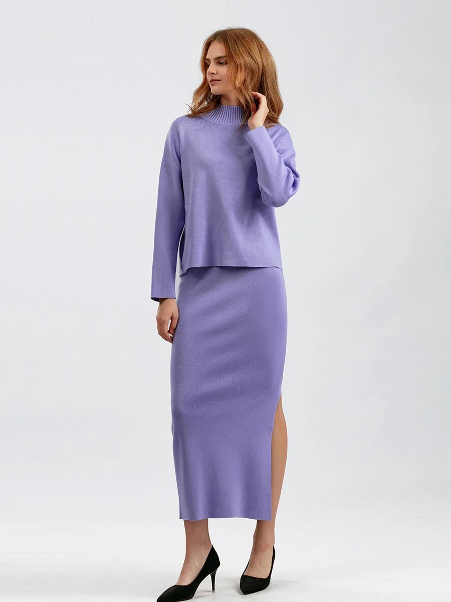 Autumn 2 Pieces Set Side Split Knitted Skirt With a Basic Sweater