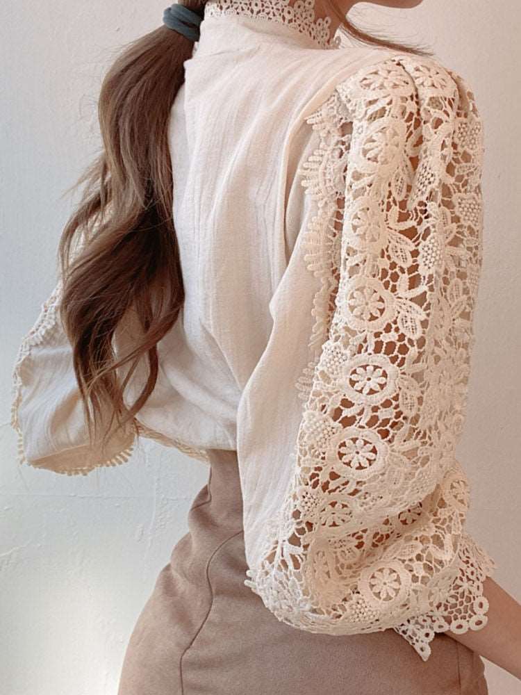 Feminine Petal Flower Cut out Sleeves Lace Blouse Button Shirt