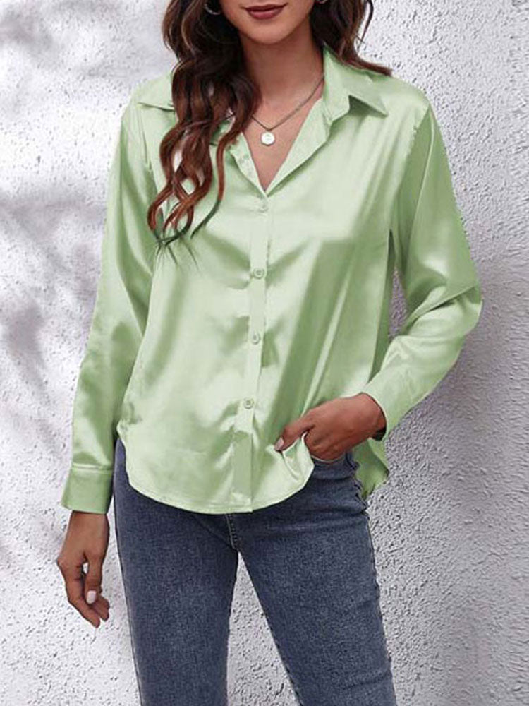 Loose Fit Satin Long Sleeve Button Up Blouse Shirt