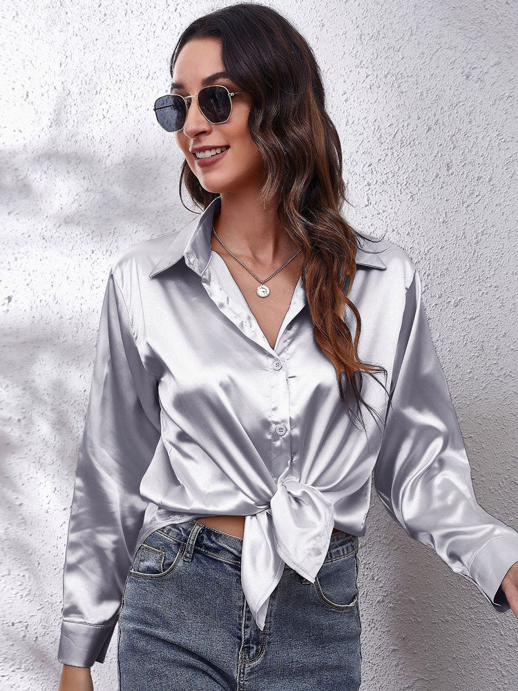 Loose Fit Satin Long Sleeve Button Up Blouse Shirt