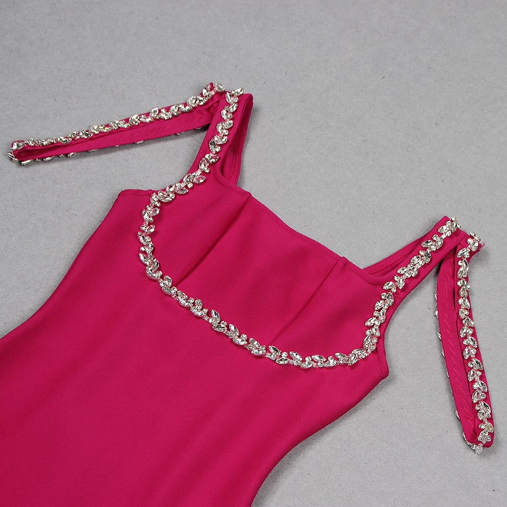 Fuchsia Spaghetti Straps Crystal-Encrusted Details Midi Dress