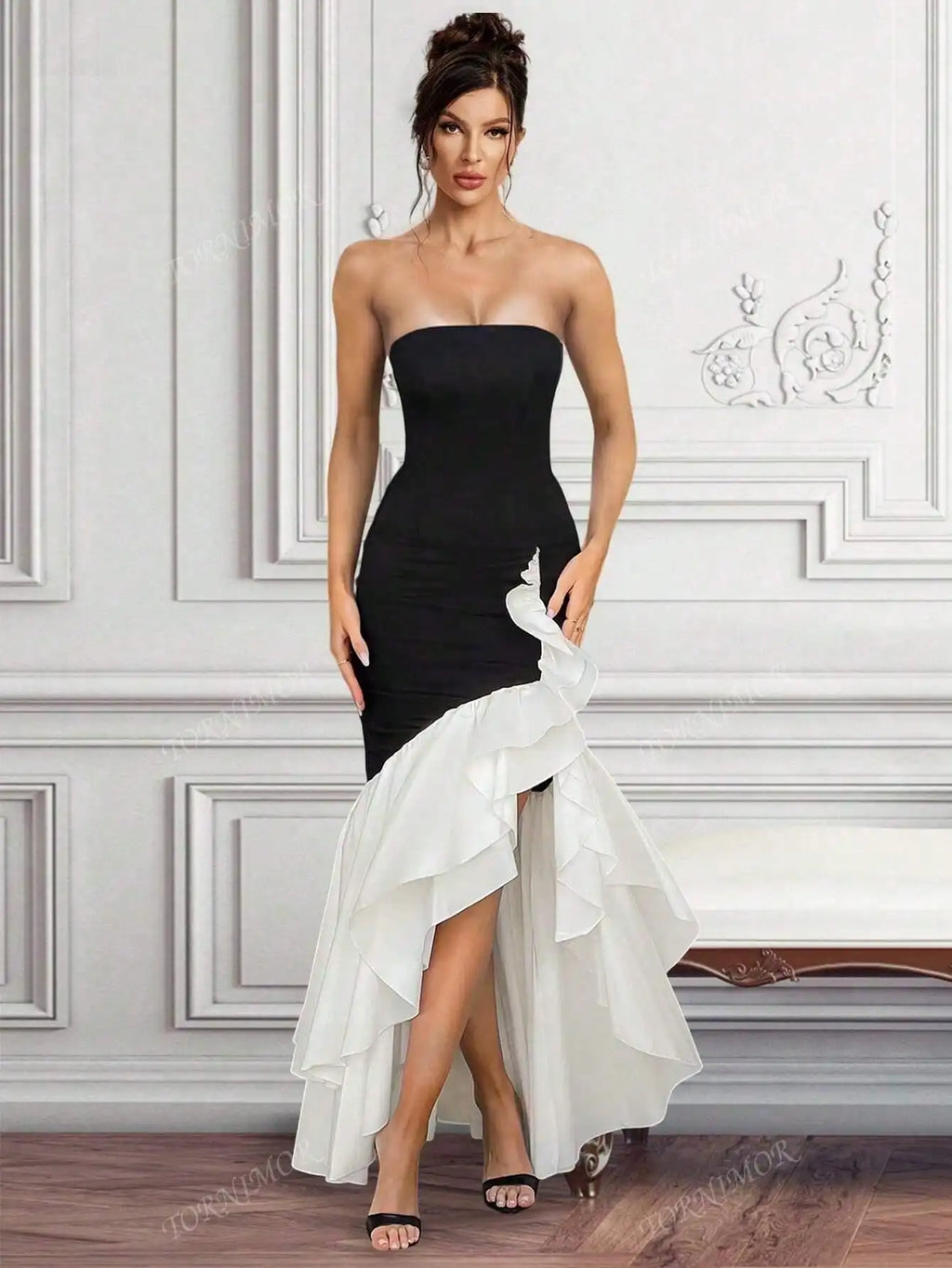 Strapless Black and White Mermaid Black Tie Dress