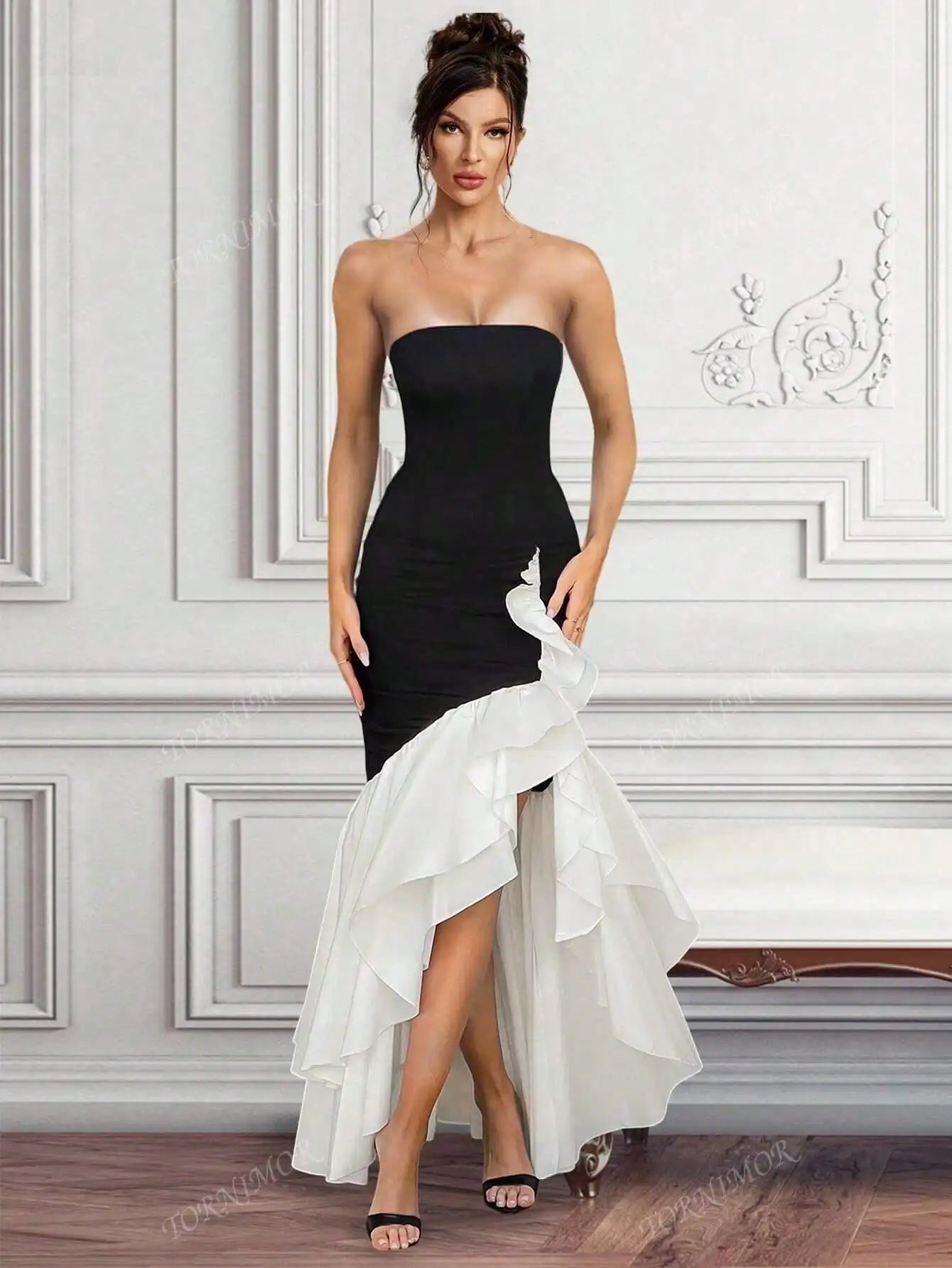 Strapless Black and White Mermaid Black Tie Dress