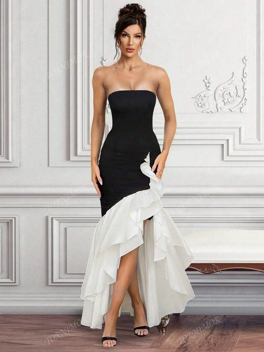 Strapless Black and White Mermaid Black Tie Dress