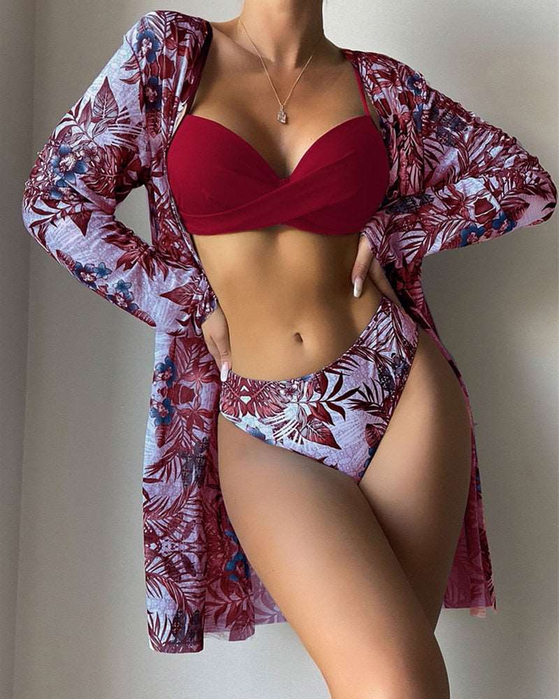 Floral 3 Pieces Low Waist Bikini Set with a Matching Cover-up Kimono