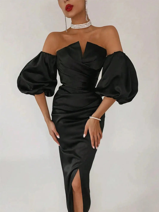 Strapless Black-tie Sheath Dress with Removable Puff Sleeves
