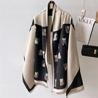 Double-Sided Cashmere Cat Print Scarf Pashmina - Cat Lovers Gift