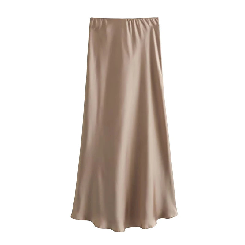 A-Line High Waist Satin Midi Skirt