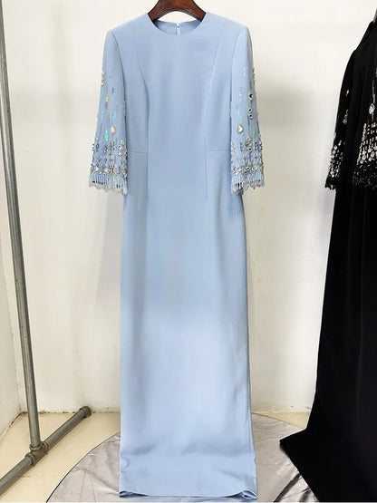 Beaded Haute Couture Floor-Length Dress – 3/4 Sleeves, Formal Elegance