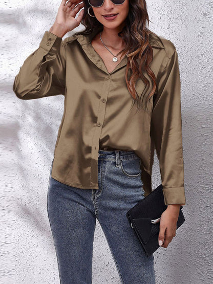 Loose Fit Satin Long Sleeve Button Up Blouse Shirt