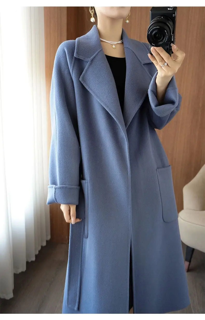 100% Cashmere-Wool Blend Belted Long Overcoat