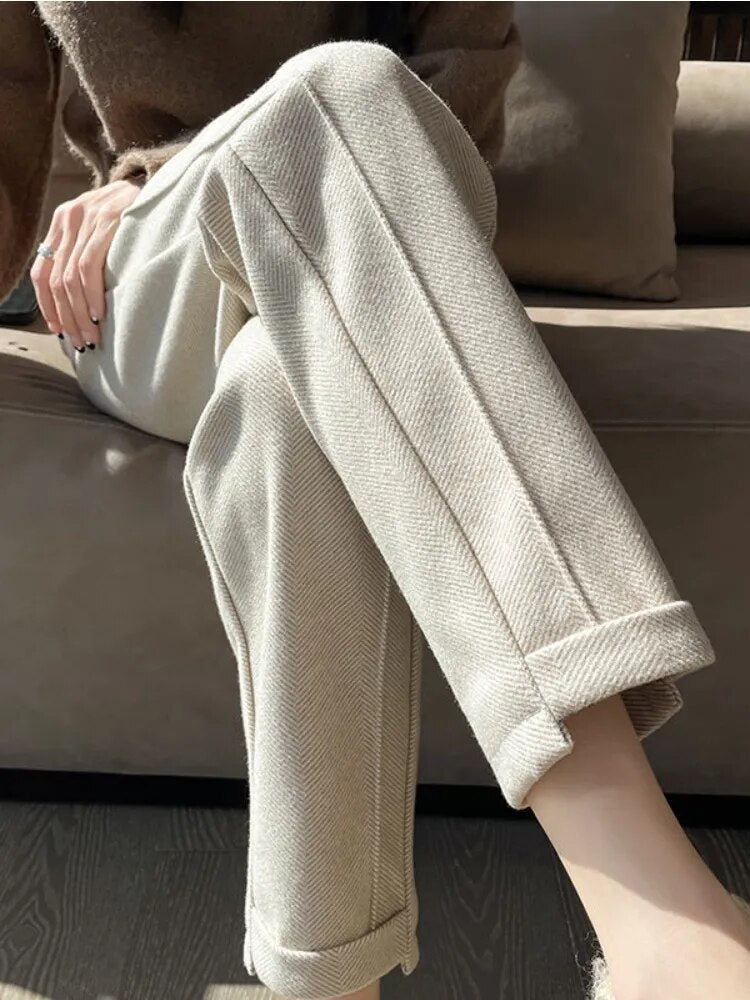 High Waist Tweed Pencil Wool Winter Cuffed Trousers