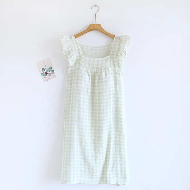 100% Pure Cotton Home Dress Plaid Nightgown with Built-in Bra