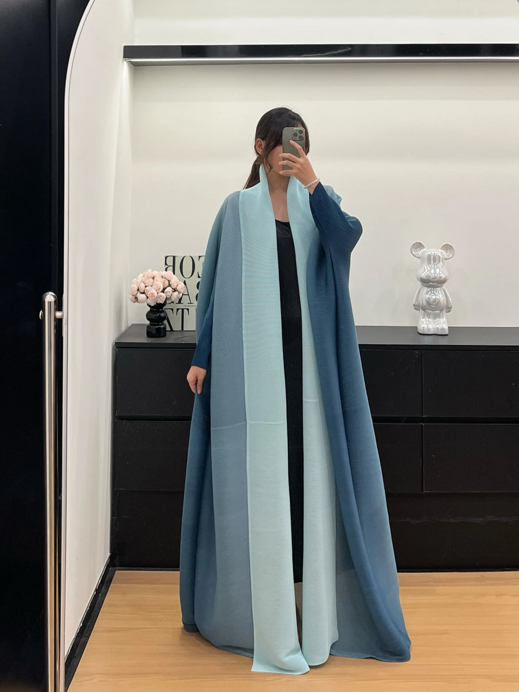 Crinkled Open Front Radiant Abaya – Bat Sleeve Throw-On Cardigan