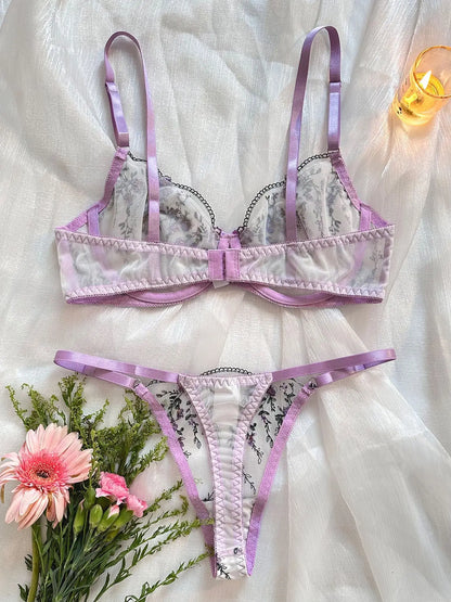 Lace Flowers Embroidery Lingerie Set - Lace Bra & Brief Underwear Set