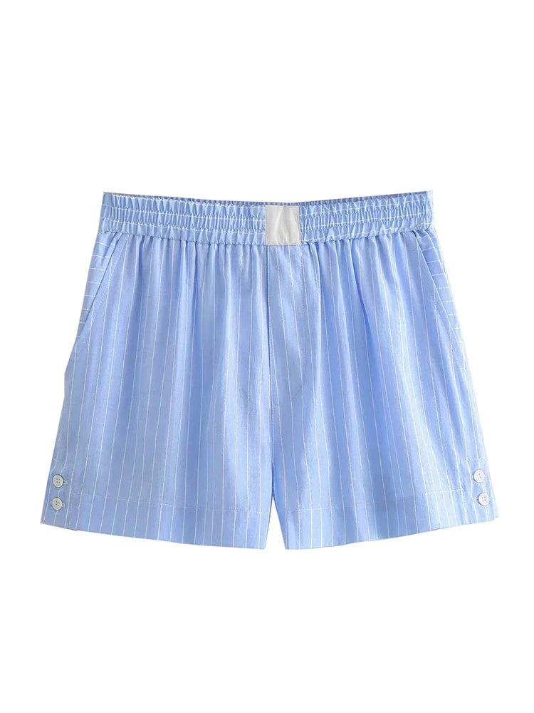 Sky Blue Striped Crop Shirt and Boxer Shorts Set