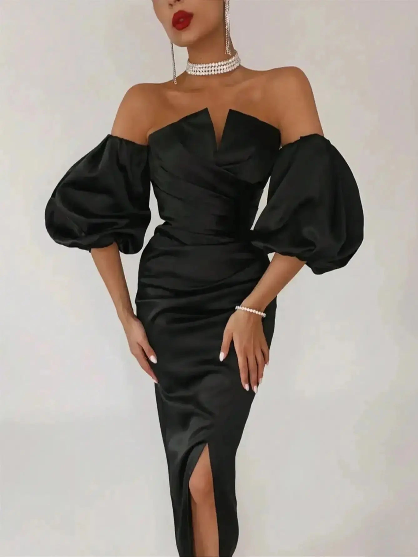 Strapless Black-tie Sheath Dress with Removable Puff Sleeves