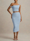 Baby Blue Off Shoulder Top and Mesh Skirt Two-Piece Set