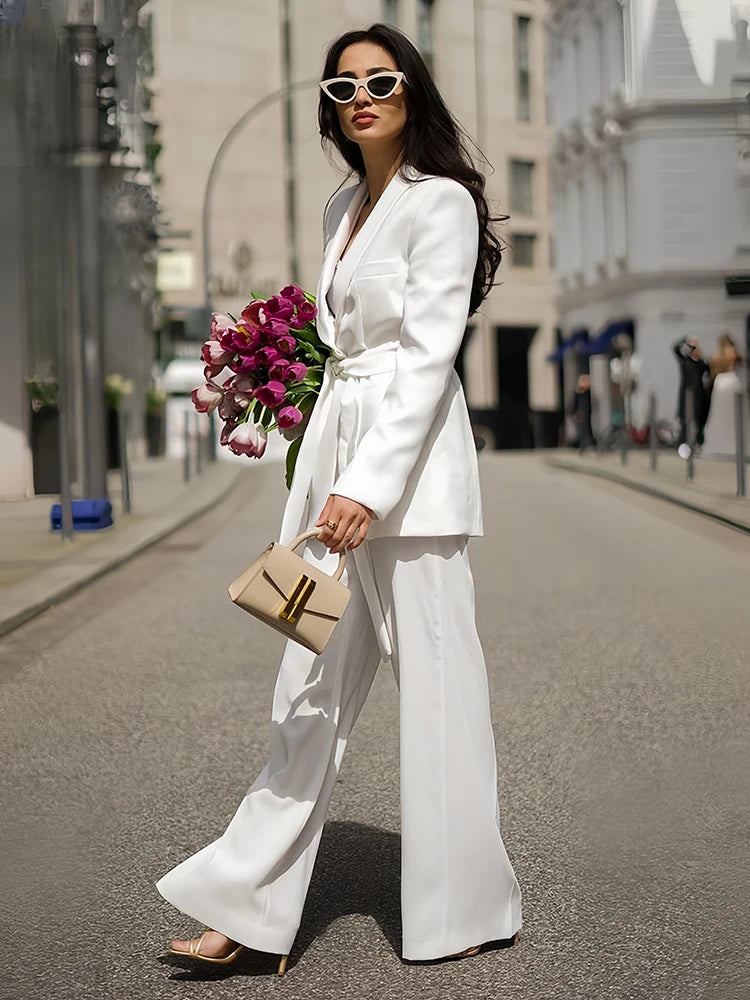 Belted Blazer and High Waist Wide Leg Trousers Suit