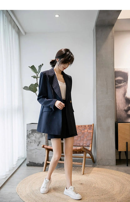 Navy Blue Striped Loose Cut Blazer and Shorts Suit