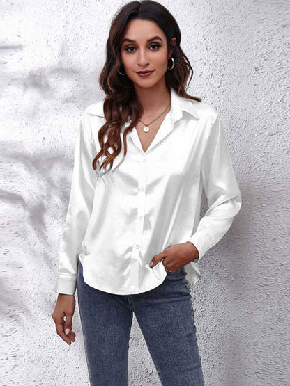 Loose Fit Satin Long Sleeve Button Up Blouse Shirt