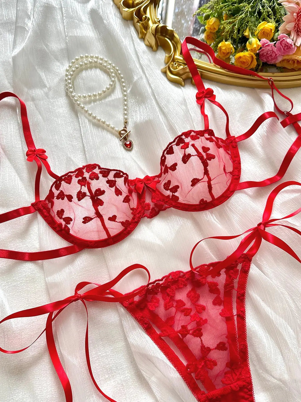 Heart Embroidery Lace Lingerie Set with Bow Details