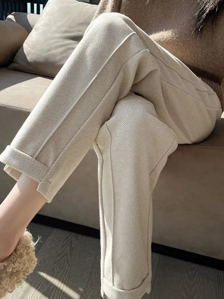 High Waist Tweed Pencil Wool Winter Cuffed Trousers