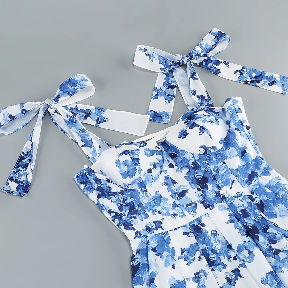 Corset Floral A-Line Dress with Wide Bow Straps
