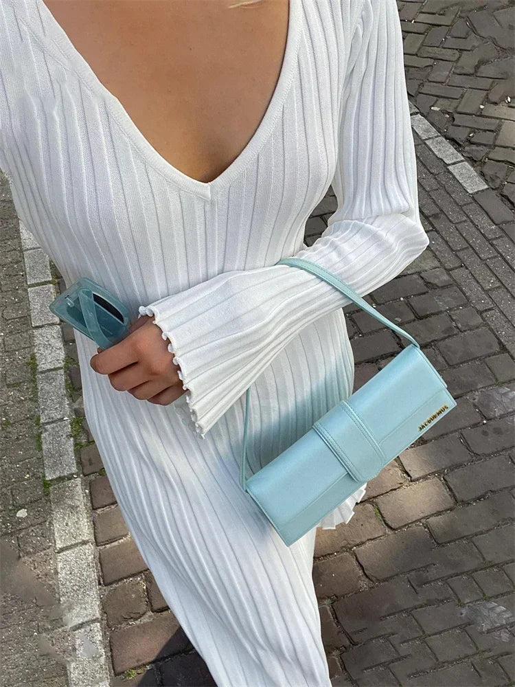 V Neckline Long Sleeve Knitted Maxi Dress