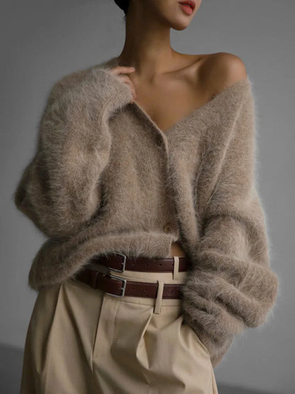 V Neckline Fluffy Oversized Winter Cardigan