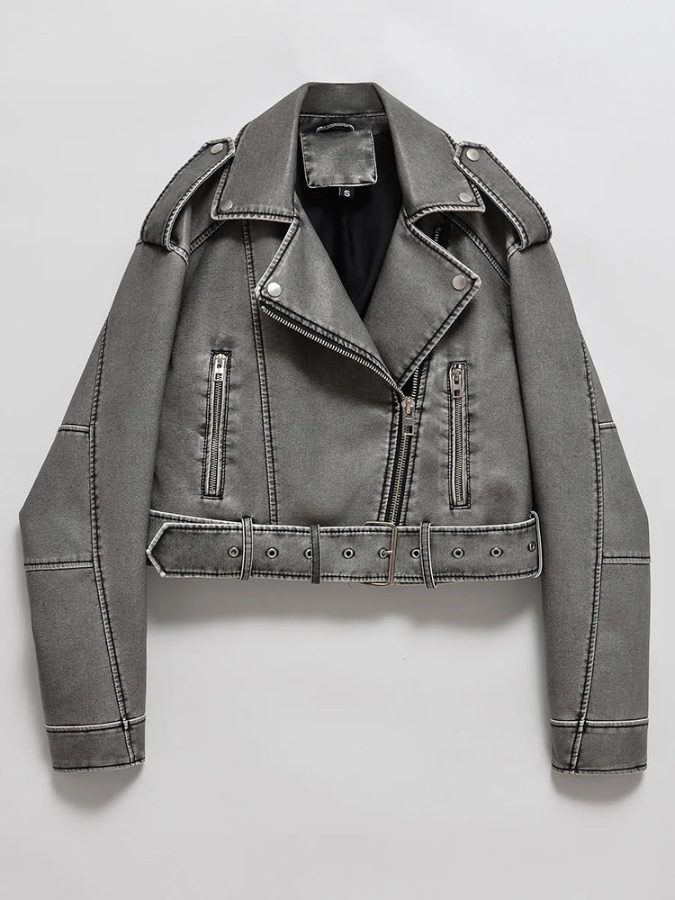 Grey Loose Cropped Leather Jacket