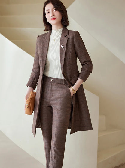 Plaid Long Blazer and Trousers Women's Formal Suit