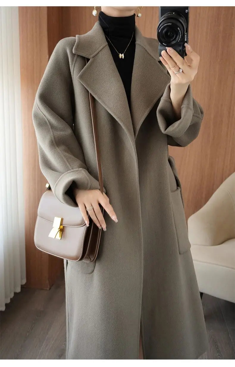 100% Cashmere-Wool Blend Belted Long Overcoat