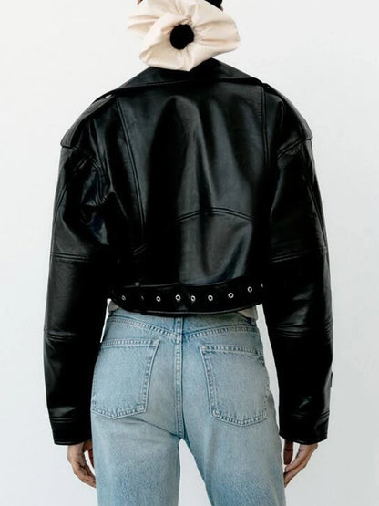 Black Cropped Leather Jacket With Belt