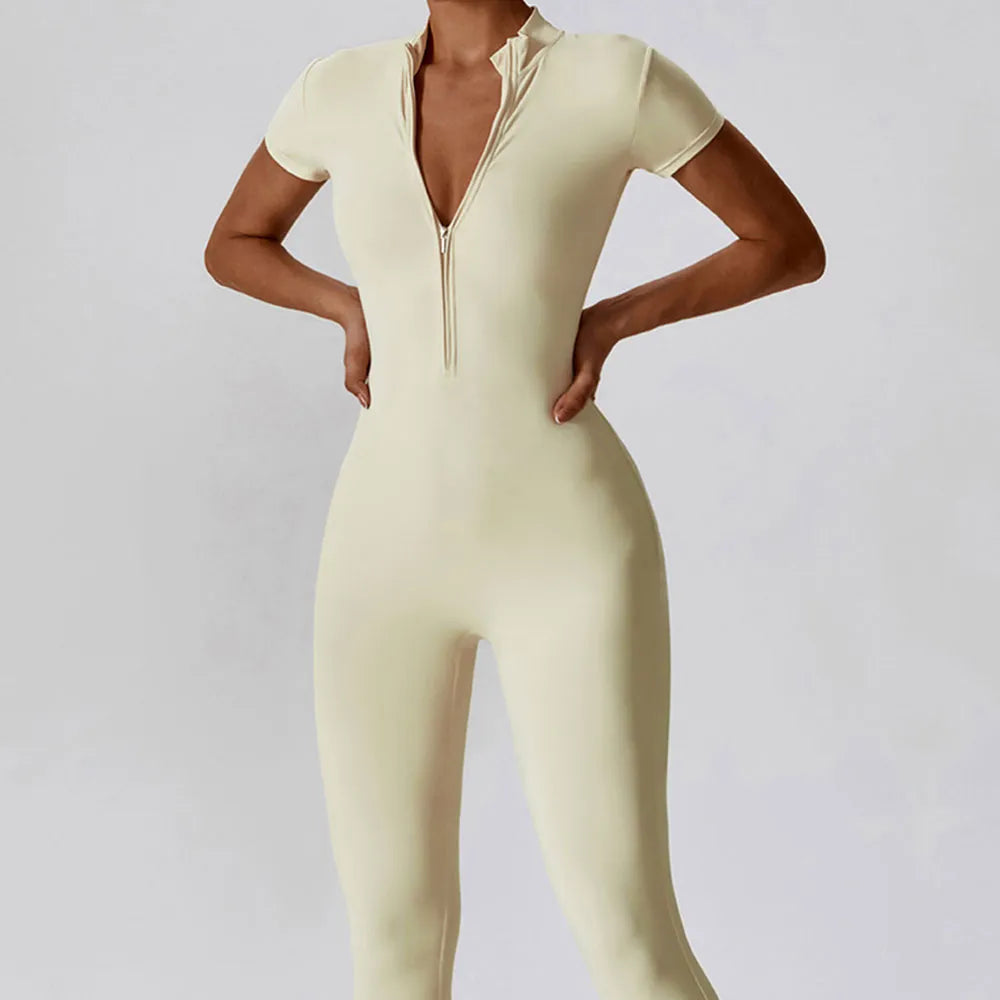 Seamless Short-Sleeve Front Zipper Yoga Jumpsuit