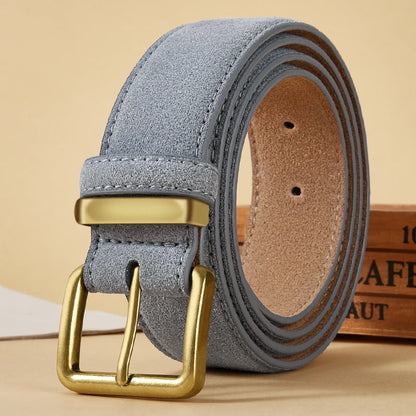 100% Suede Leather Belt for Women & Men with Gold Buckle