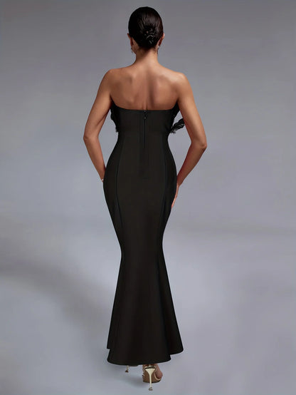 Strapless Feather Chest Mermaid Long Bandage Black Dress