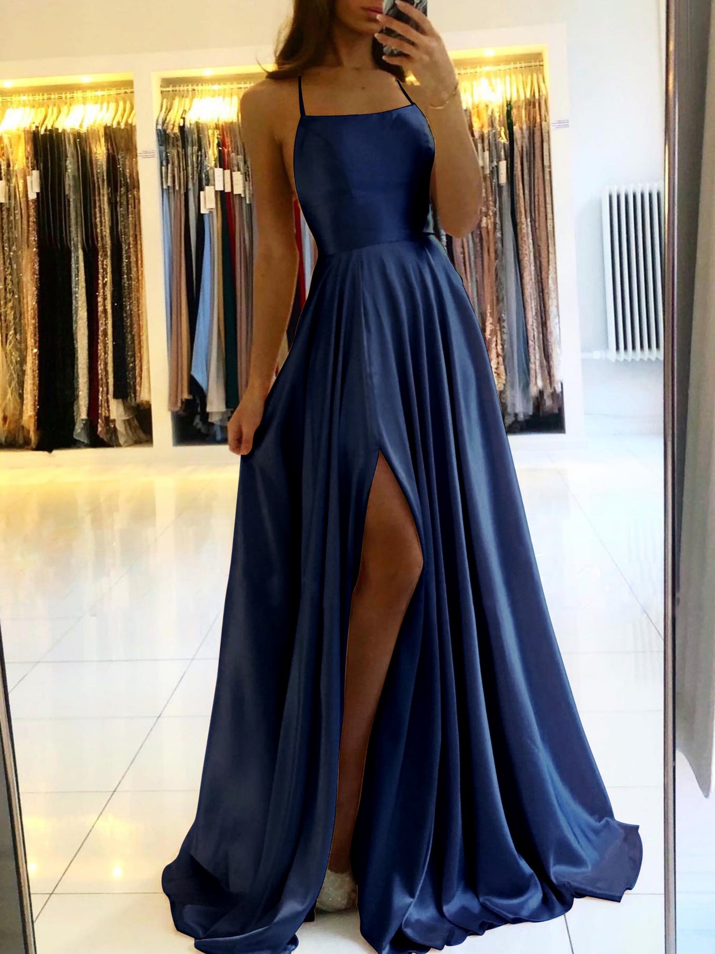 Spaghetti Straps Backless Long Satin Dresses - Bridesmaids Dress