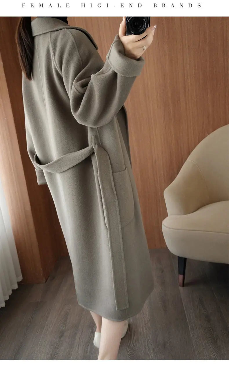 100% Cashmere-Wool Blend Belted Long Overcoat