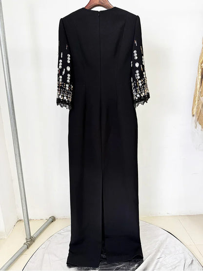 Beaded Haute Couture Floor-Length Dress – 3/4 Sleeves, Formal Elegance