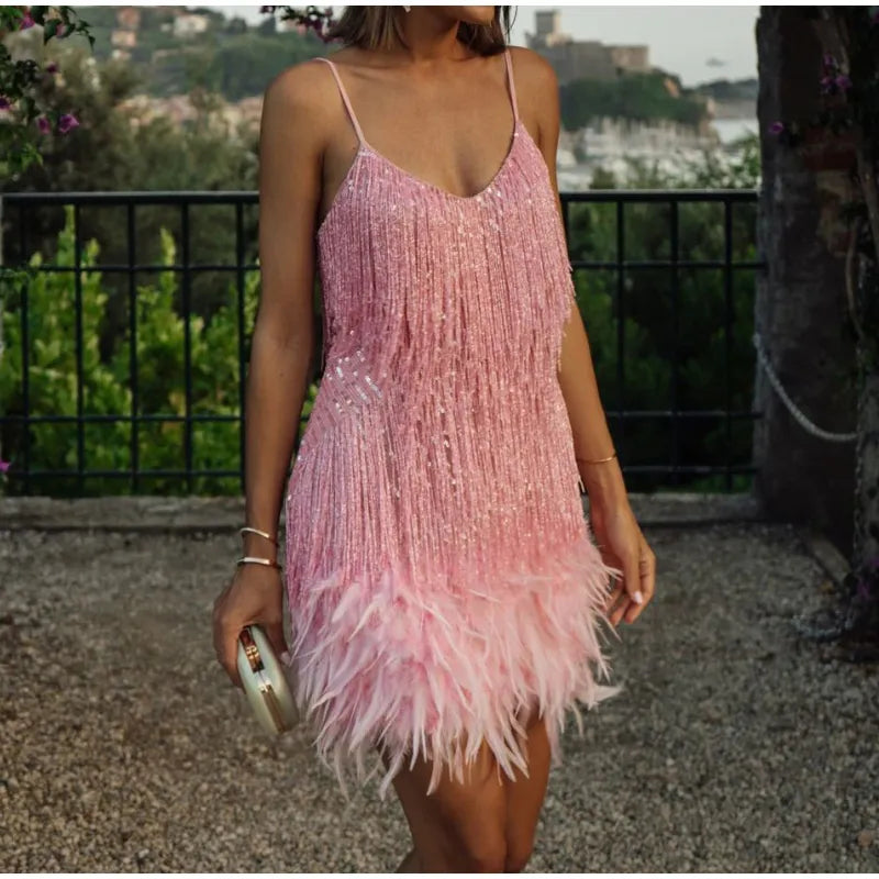 Spaghetti Straps Sequin Tassel and Feather Mini Dress