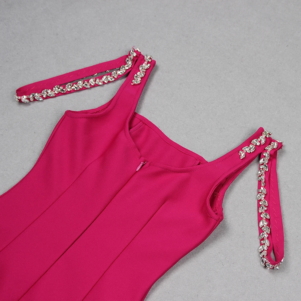 Fuchsia Spaghetti Straps Crystal-Encrusted Details Midi Dress