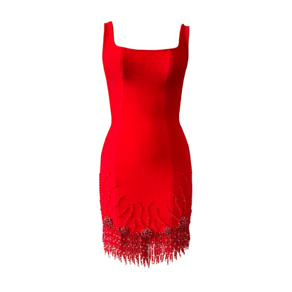 Beaded Tassel Square-Neck Mini Bandage Dress