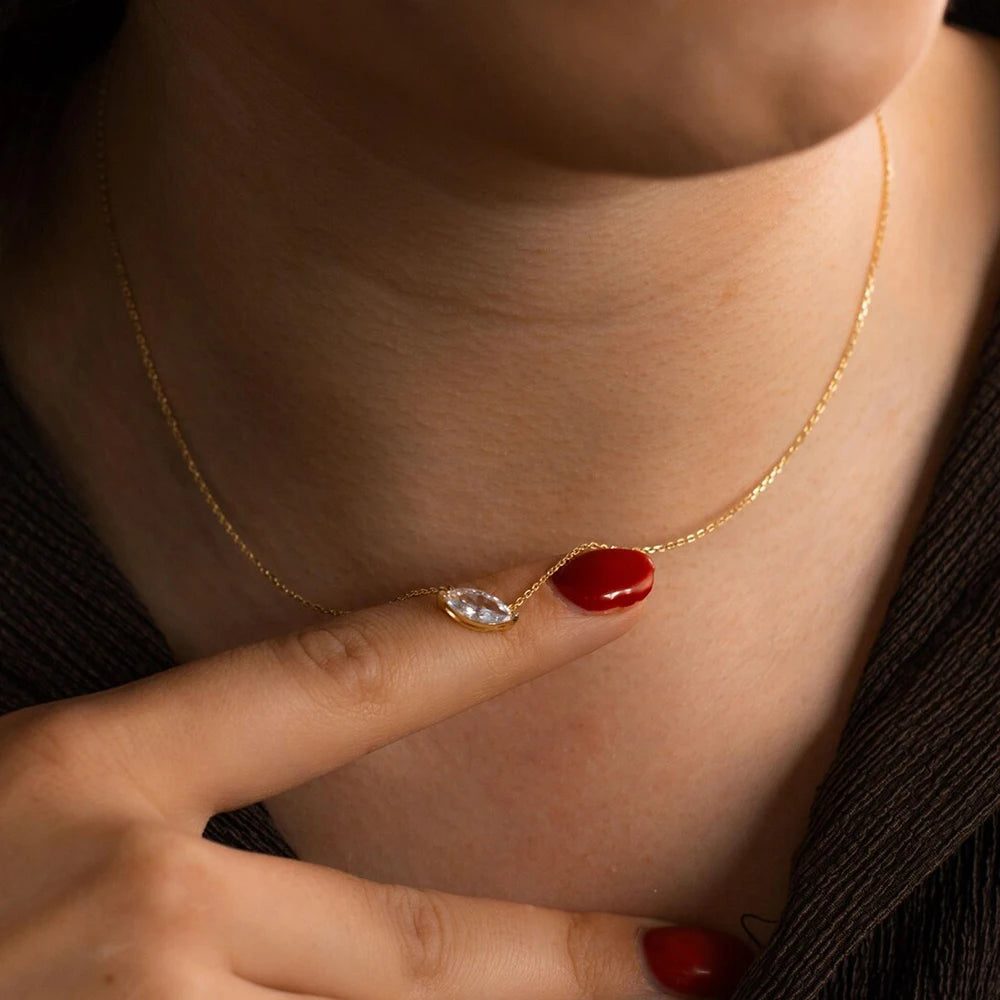 Marquise Cut Solitaire Moissanite 18k Gold Plated Necklace - Christmas gift for Her