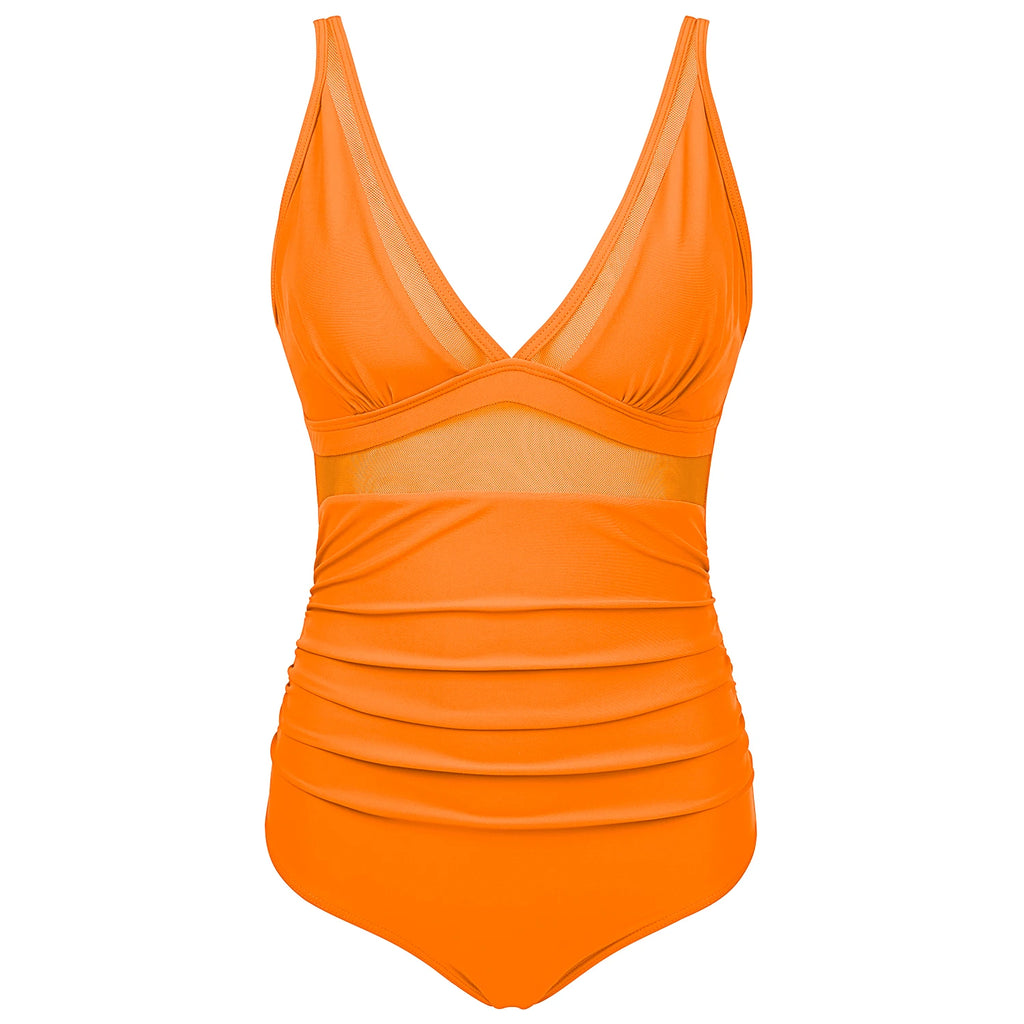 V Neckline Mesh Details Full Coverage Swimsuit