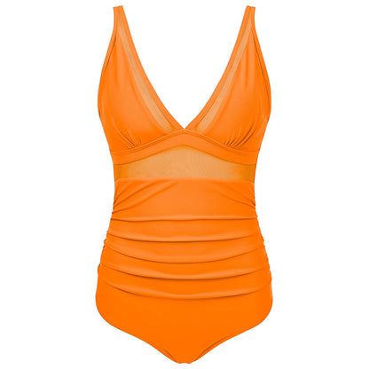 V Neckline Mesh Details Full Coverage Swimsuit