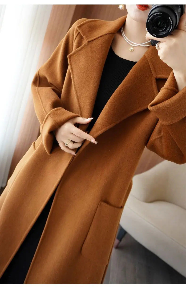 100% Cashmere-Wool Blend Belted Long Overcoat
