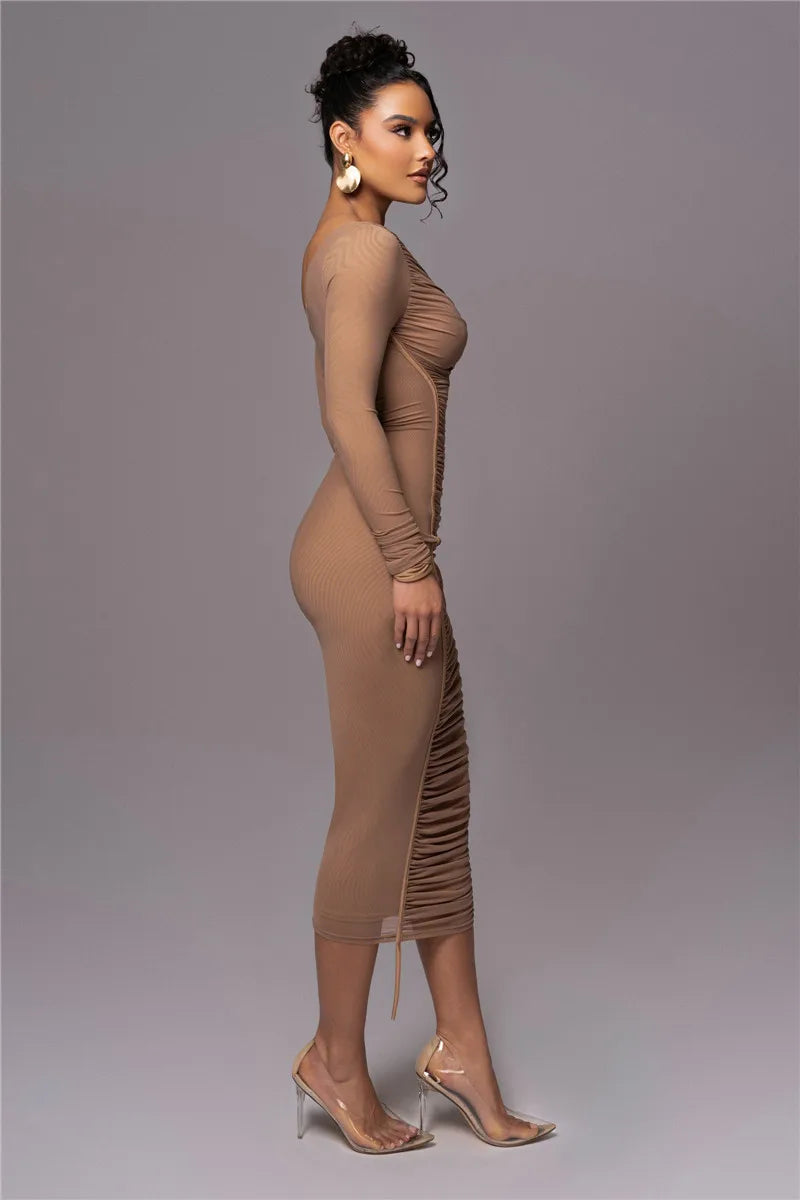 Long Sleeves Two Layer Mesh Midi Bodycon Dress