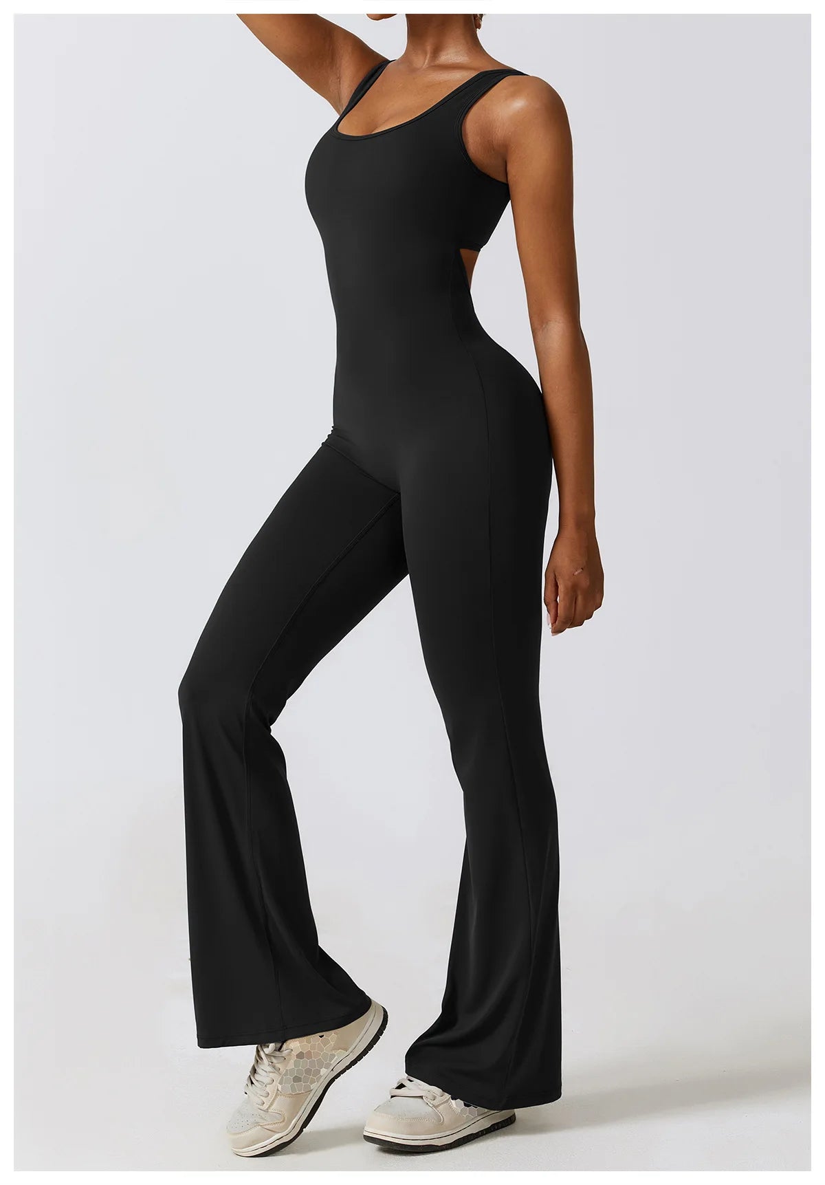 U Neckline V Back Cut Out Flare Workout Jumpsuit