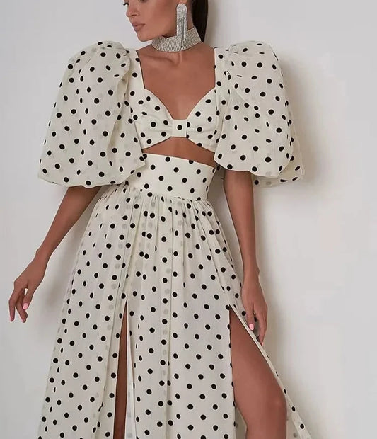 Polka Dots Cropped Top and Side Slits High Waist Skirt Set